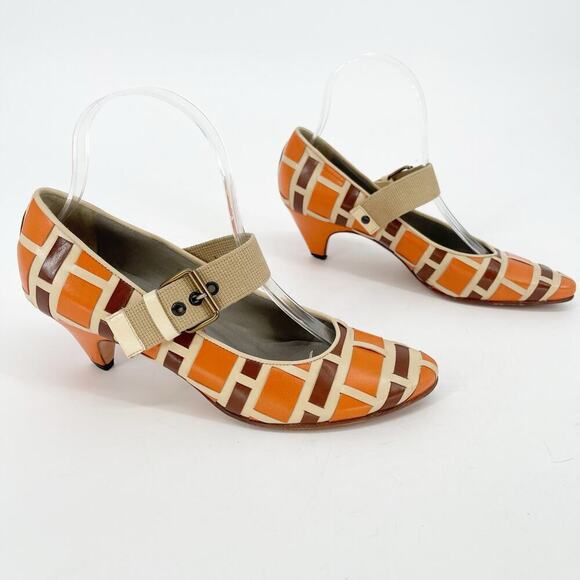 Miu Miu Vintage Orange Tan Brown Woven Pointed Mary Jane Kitten Heel Pumps IT 36